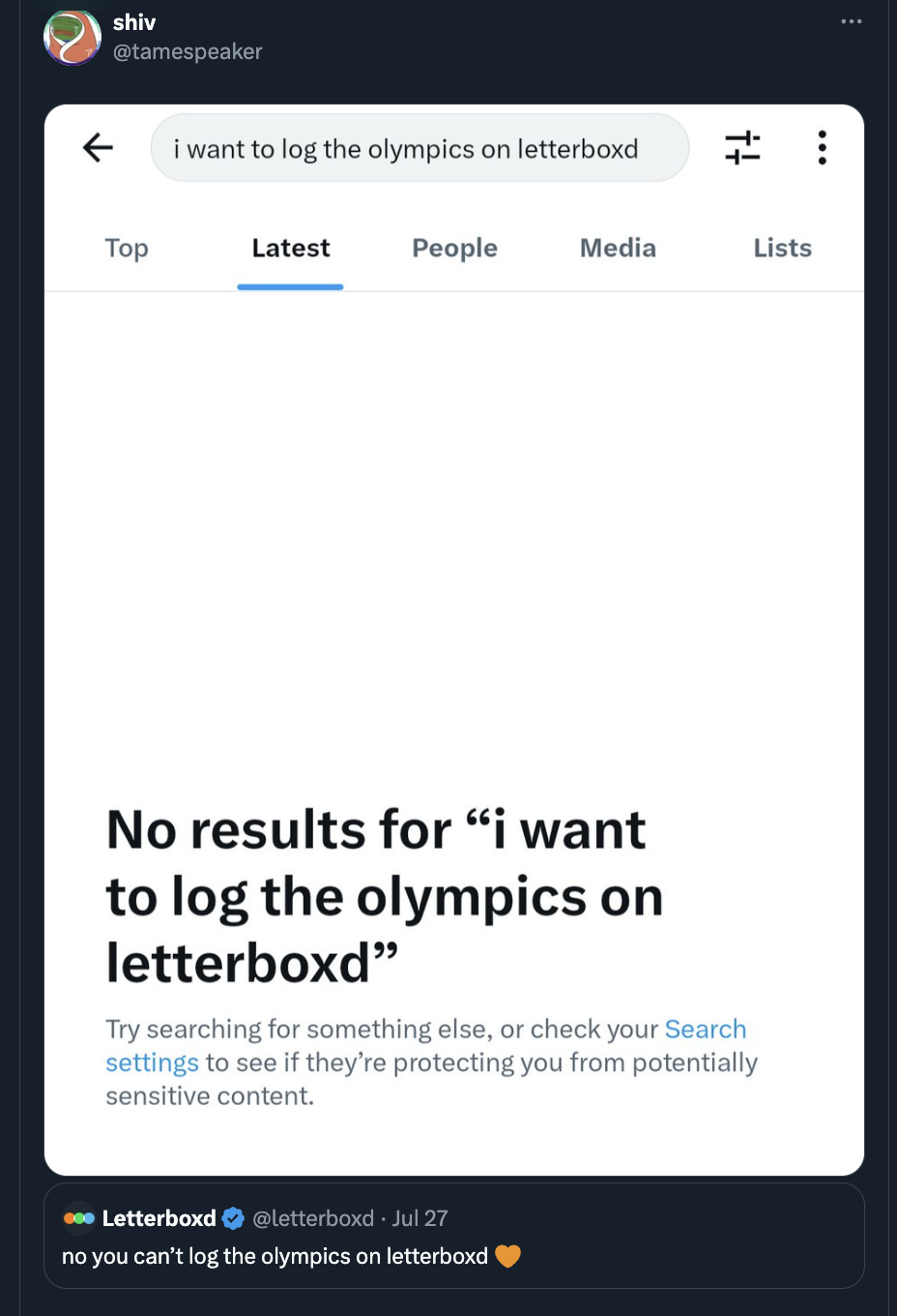 screenshot - shiv i want to log the olympics on letterboxd Top Latest People Media Lists No results for "i want to log the olympics on letterboxd Search Try searching for something else, or check your settings to see if they're protecting you from potenti